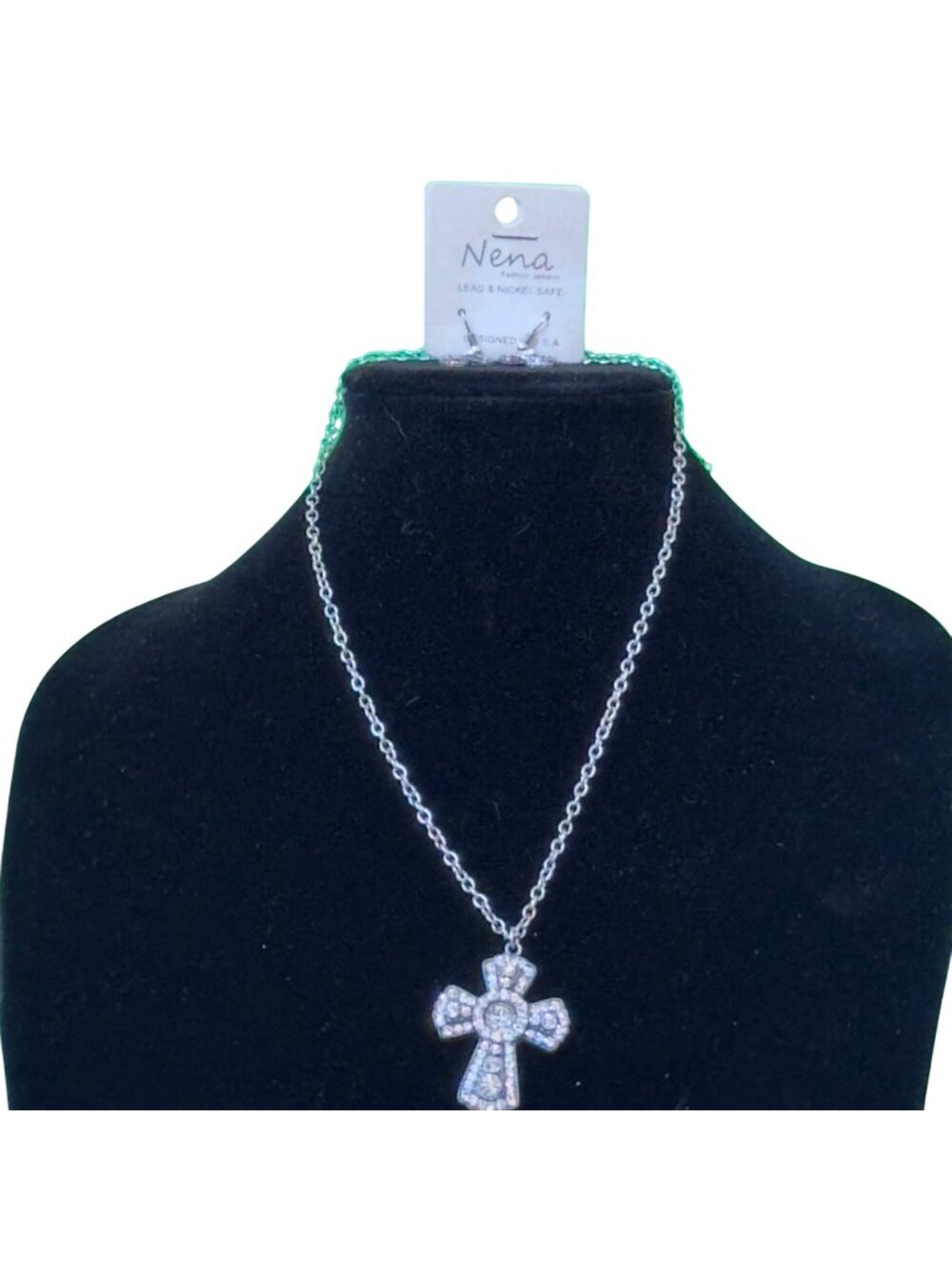 Nena Rhinestone Cross Necklace & Earrings Set Silver-Tone